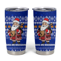 Bosnia and Herzegovina Christmas Tumbler Cup with Santa Playing Traditional Instrument and Blue Snowflake Pattern - Wonder Print Shop