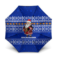 Bosnia and Herzegovina Christmas Umbrella with Santa Playing Traditional Instrument and Blue Snowflake Pattern - Wonder Print Shop
