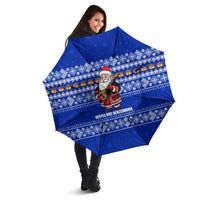 Bosnia and Herzegovina Christmas Umbrella with Santa Playing Traditional Instrument and Blue Snowflake Pattern - Wonder Print Shop