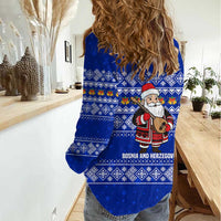 Bosnia and Herzegovina Christmas Women Casual Shirt with Santa Playing Traditional Instrument and Blue Snowflake Pattern - Wonder Print Shop