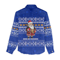 Bosnia and Herzegovina Christmas Women Casual Shirt with Santa Playing Traditional Instrument and Blue Snowflake Pattern - Wonder Print Shop