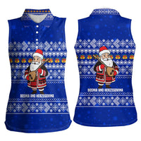 Bosnia and Herzegovina Christmas Women Sleeveless Polo Shirt with Santa Playing Traditional Instrument and Blue Snowflake Pattern - Wonder Print Shop