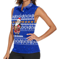 Bosnia and Herzegovina Christmas Women Sleeveless Polo Shirt with Santa Playing Traditional Instrument and Blue Snowflake Pattern - Wonder Print Shop