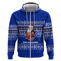 Bosnia and Herzegovina Christmas Zip Hoodie with Santa Playing Traditional Instrument and Blue Snowflake Pattern - Wonder Print Shop