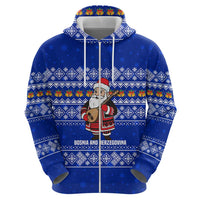 Bosnia and Herzegovina Christmas Zip Hoodie with Santa Playing Traditional Instrument and Blue Snowflake Pattern - Wonder Print Shop