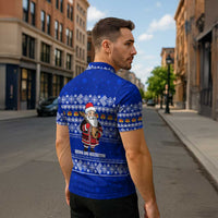 Bosnia and Herzegovina Christmas Zipper Polo Shirt with Santa Playing Traditional Instrument and Blue Snowflake Pattern - Wonder Print Shop