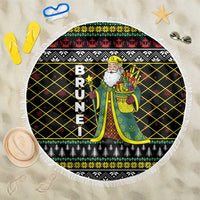 Brunei Christmas Beach Blanket with Traditional Santa Gift Basket and Black Yellow Red Holiday Pattern - Wonder Print Shop