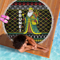 Brunei Christmas Beach Blanket with Traditional Santa Gift Basket and Black Yellow Red Holiday Pattern - Wonder Print Shop