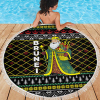Brunei Christmas Beach Blanket with Traditional Santa Gift Basket and Black Yellow Red Holiday Pattern - Wonder Print Shop