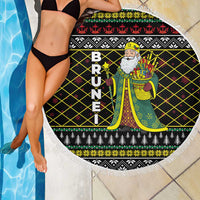 Brunei Christmas Beach Blanket with Traditional Santa Gift Basket and Black Yellow Red Holiday Pattern - Wonder Print Shop