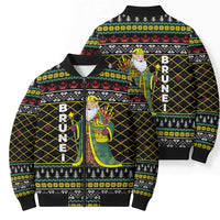 Brunei Christmas Bomber Puffer Jacket with Traditional Santa Gift Basket and Black Yellow Red Holiday Pattern - Wonder Print Shop