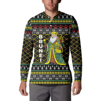 Brunei Christmas Button Sweatshirt with Traditional Santa Gift Basket and Black Yellow Red Holiday Pattern - Wonder Print Shop
