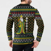 Brunei Christmas Button Sweatshirt with Traditional Santa Gift Basket and Black Yellow Red Holiday Pattern - Wonder Print Shop