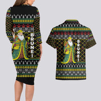 Brunei Christmas Couples Matching Long Sleeve Bodycon Dress and Hawaiian Shirt with Traditional Santa Gift Basket and Black Yellow Red Holiday Pattern - Wonder Print Shop