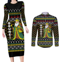 Brunei Christmas Couples Matching Long Sleeve Bodycon Dress and Long Sleeve Button Shirt with Traditional Santa Gift Basket and Black Yellow Red Holiday Pattern - Wonder Print Shop