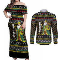 Brunei Christmas Couples Matching Off Shoulder Maxi Dress and Long Sleeve Button Shirt with Traditional Santa Gift Basket and Black Yellow Red Holiday Pattern - Wonder Print Shop
