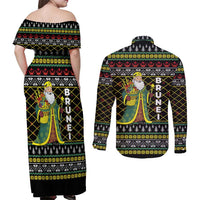 Brunei Christmas Couples Matching Off Shoulder Maxi Dress and Long Sleeve Button Shirt with Traditional Santa Gift Basket and Black Yellow Red Holiday Pattern - Wonder Print Shop