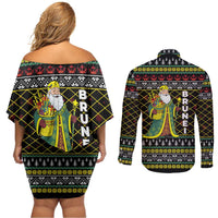 Brunei Christmas Couples Matching Off Shoulder Short Dress and Long Sleeve Button Shirt with Traditional Santa Gift Basket and Black Yellow Red Holiday Pattern - Wonder Print Shop