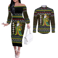 Brunei Christmas Couples Matching Off The Shoulder Long Sleeve Dress and Long Sleeve Button Shirt with Traditional Santa Gift Basket and Black Yellow Red Holiday Pattern - Wonder Print Shop