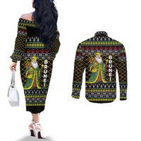 Brunei Christmas Couples Matching Off The Shoulder Long Sleeve Dress and Long Sleeve Button Shirt with Traditional Santa Gift Basket and Black Yellow Red Holiday Pattern - Wonder Print Shop