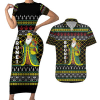 Brunei Christmas Couples Matching Short Sleeve Bodycon Dress and Hawaiian Shirt with Traditional Santa Gift Basket and Black Yellow Red Holiday Pattern - Wonder Print Shop