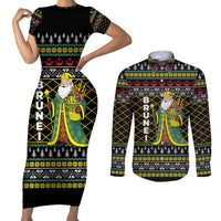 Brunei Christmas Couples Matching Short Sleeve Bodycon Dress and Long Sleeve Button Shirt with Traditional Santa Gift Basket and Black Yellow Red Holiday Pattern - Wonder Print Shop