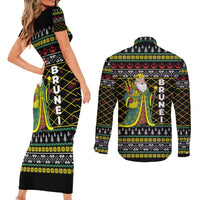 Brunei Christmas Couples Matching Short Sleeve Bodycon Dress and Long Sleeve Button Shirt with Traditional Santa Gift Basket and Black Yellow Red Holiday Pattern - Wonder Print Shop