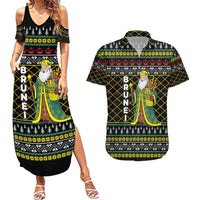 Brunei Christmas Couples Matching Summer Maxi Dress and Hawaiian Shirt with Traditional Santa Gift Basket and Black Yellow Red Holiday Pattern - Wonder Print Shop