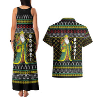 Brunei Christmas Couples Matching Tank Maxi Dress and Hawaiian Shirt with Traditional Santa Gift Basket and Black Yellow Red Holiday Pattern - Wonder Print Shop