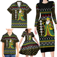 Brunei Christmas Family Matching Long Sleeve Bodycon Dress and Hawaiian Shirt with Traditional Santa Gift Basket and Black Yellow Red Holiday Pattern - Wonder Print Shop