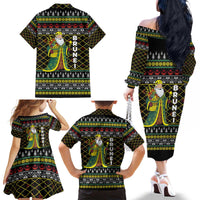 Brunei Christmas Family Matching Off The Shoulder Long Sleeve Dress and Hawaiian Shirt with Traditional Santa Gift Basket and Black Yellow Red Holiday Pattern - Wonder Print Shop