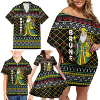 Brunei Christmas Family Matching Off Shoulder Short Dress and Hawaiian Shirt with Traditional Santa Gift Basket and Black Yellow Red Holiday Pattern - Wonder Print Shop