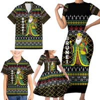 Brunei Christmas Family Matching Short Sleeve Bodycon Dress and Hawaiian Shirt with Traditional Santa Gift Basket and Black Yellow Red Holiday Pattern - Wonder Print Shop
