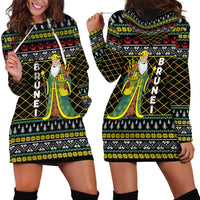 Brunei Christmas Hoodie Dress with Traditional Santa Gift Basket and Black Yellow Red Holiday Pattern - Wonder Print Shop