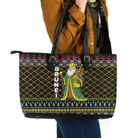 Brunei Christmas Leather Tote Bag with Traditional Santa Gift Basket and Black Yellow Red Holiday Pattern - Wonder Print Shop
