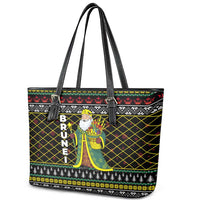 Brunei Christmas Leather Tote Bag with Traditional Santa Gift Basket and Black Yellow Red Holiday Pattern - Wonder Print Shop