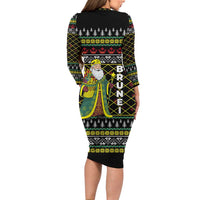Brunei Christmas Long Sleeve Bodycon Dress with Traditional Santa Gift Basket and Black Yellow Red Holiday Pattern - Wonder Print Shop