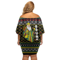 Brunei Christmas Off Shoulder Short Dress with Traditional Santa Gift Basket and Black Yellow Red Holiday Pattern - Wonder Print Shop