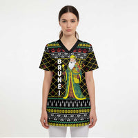 Brunei Christmas Scrub Top with Traditional Santa Gift Basket and Black Yellow Red Holiday Pattern - Wonder Print Shop
