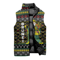 Brunei Christmas Sleeveless Puffer Jacket with Traditional Santa Gift Basket and Black Yellow Red Holiday Pattern - Wonder Print Shop