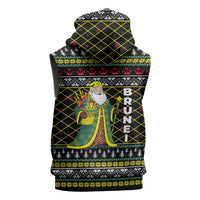 Brunei Christmas Sleeveless Zip Hoodie with Traditional Santa Gift Basket and Black Yellow Red Holiday Pattern - Wonder Print Shop