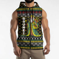 Brunei Christmas Sleeveless Zip Hoodie with Traditional Santa Gift Basket and Black Yellow Red Holiday Pattern - Wonder Print Shop
