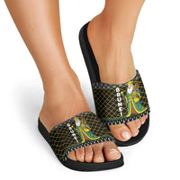 Brunei Christmas Slide Sandals with Traditional Santa Gift Basket and Black Yellow Red Holiday Pattern - Wonder Print Shop