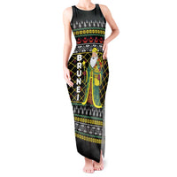 Brunei Christmas Tank Maxi Dress with Traditional Santa Gift Basket and Black Yellow Red Holiday Pattern - Wonder Print Shop