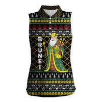 Brunei Christmas Women Sleeveless Polo Shirt with Traditional Santa Gift Basket and Black Yellow Red Holiday Pattern - Wonder Print Shop