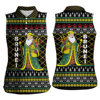 Brunei Christmas Women Sleeveless Polo Shirt with Traditional Santa Gift Basket and Black Yellow Red Holiday Pattern - Wonder Print Shop