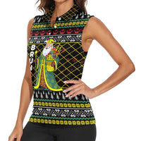 Brunei Christmas Women Sleeveless Polo Shirt with Traditional Santa Gift Basket and Black Yellow Red Holiday Pattern - Wonder Print Shop