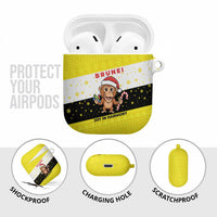Brunei Christmas AirPods Case with Cartoon Monkey Santa Hat Candy Cane and Yellow Black Flag Pattern - Wonder Print Shop