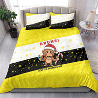 Brunei Christmas Bedding Set with Cartoon Monkey Santa Hat Candy Cane and Yellow Black Flag Pattern - Wonder Print Shop