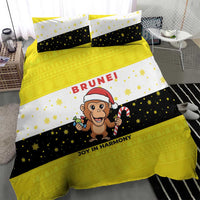 Brunei Christmas Bedding Set with Cartoon Monkey Santa Hat Candy Cane and Yellow Black Flag Pattern - Wonder Print Shop